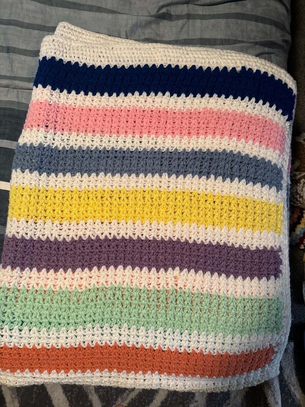 Handmade Crochet Multi-Stripe Throw Blanket 52.5 x 65